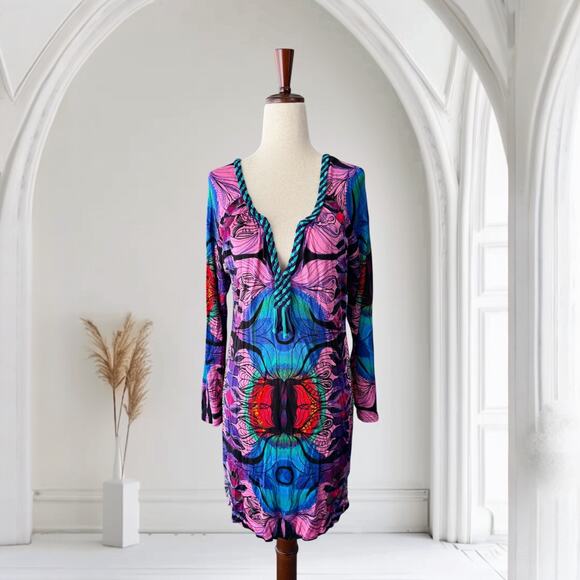Vintage 90s Custo Barcelona Artsy Long Sleeve Body Con Dress - Picture 1 of 10